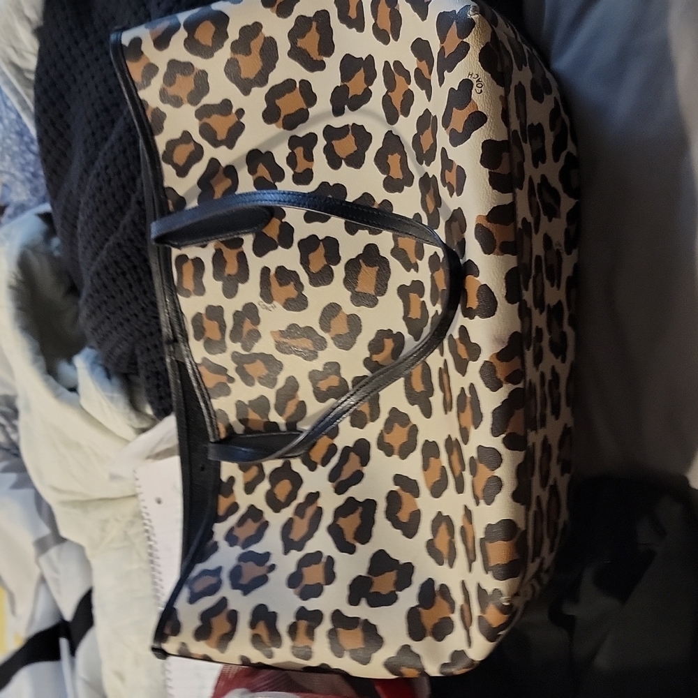 Coach Taxi zip Tote Bag LeppardPrint Purse Cream, Bowne, Black, Black canvas ins